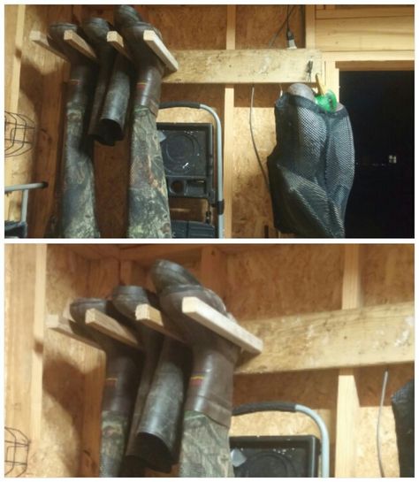 Wader storage hangers Fishing Wader Storage, Wader Hanger Diy, Hunting Clothes Storage, Hunting Gear Storage, Hunting Storage, Duck Hunting Blinds, Fishing Organization, Deer Mount Ideas, Cabin Storage