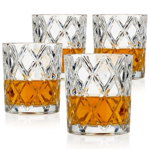 PRICES MAY VARY. CRYSTAL GLASSES FOR WHISKEY LOVERS – A full-height cross-hatch design creates rocks glasses that stand out. This set of whiskey glasses looks great on a bar cart or in your liquor cabinet, but these glasses truly shine with a generous pour of Scotch. PERFECT FOR COCKTAILS AND BOURBON – Large enough to serve as double old fashioned glasses but suitable for neat pours or whiskey on the rocks, this set of crystal cocktail drinkware will be your go-to glasses for daily sipping. CLAS Building A Home Bar, Bar Mix, Whiskey Glasses Set, Whiskey Tumbler, Whiskey Glass, Whiskey Glasses, Old Fashioned Glass, Ideal Weight, Bar Glassware