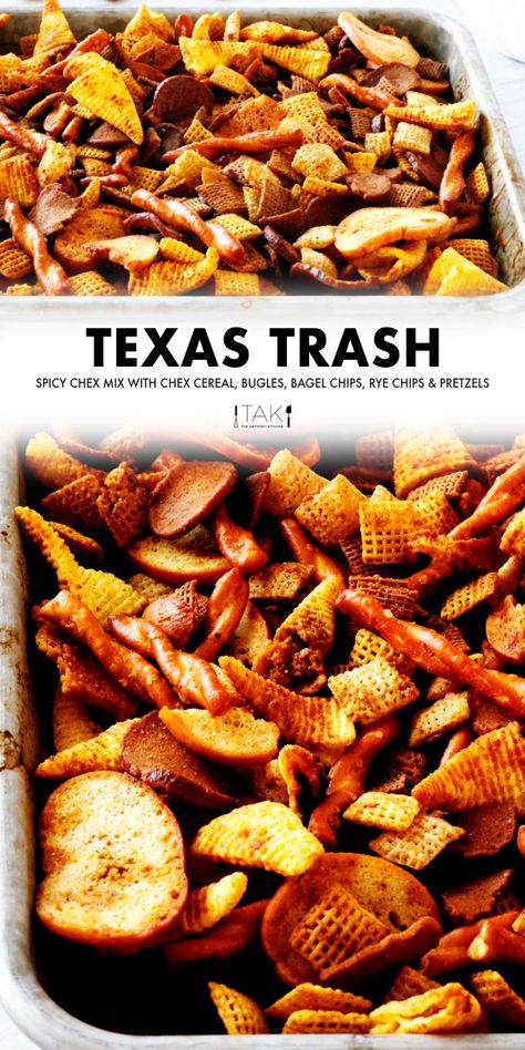 Savory Chex Mix Recipes Worcestershire Sauce, Spicy Texas Trash Chex Mix Recipes, Hunting Snacks For Husband, Chex Trash Recipe, Hot And Spicy Chex Mix Recipes, Bar Mix Snack, Summer Snack Mix Ideas, Trivia Night Snacks Appetizers, Holiday Mix Snack