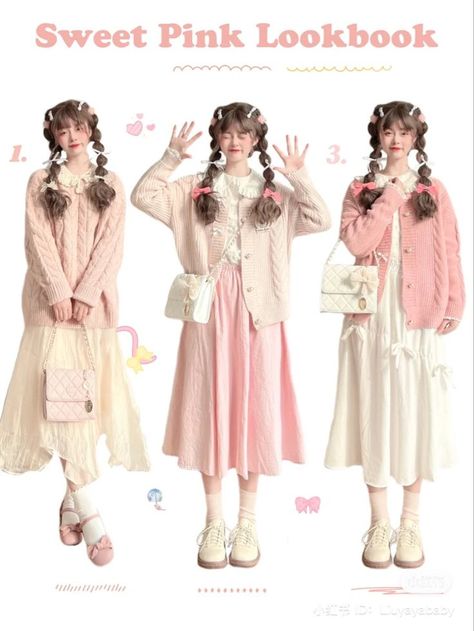 Sweet Pink Outfit, Sweet Style Outfits Girly, How Pinterest Sees Me Fashion, Mix And Match Patterns Outfits, Cute Asian Clothes, Pink And Blue Fashion, You And Me And Her, Cute Girly Winter Outfits, J Fashion Outfits