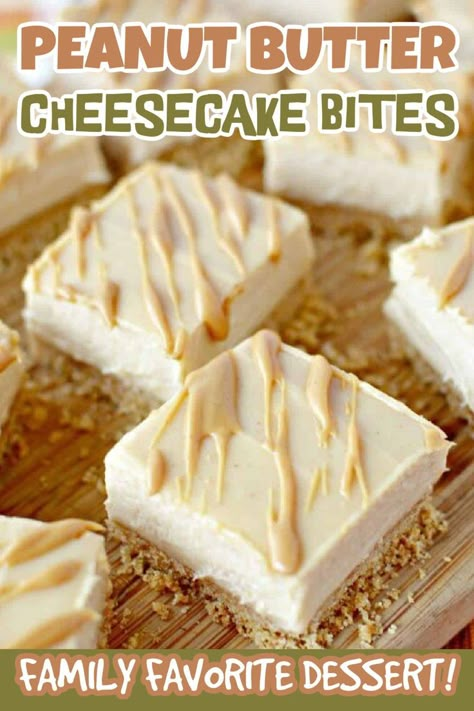 Cheesecake is such a crowd favorite and this Easy Peanut Butter Cheesecake Bites is so decadent. Cheesecake goes to an entirely new level when you add creamy peanut butter and drizzle even more on top. #eatingonadime #peanutbuttercheesecakebites #easydessert Easy Peanut Butter Cheesecake, Mini Desserts Easy, Peanut Butter Cheesecake Bites, Mini Dessert Easy, Peanut Butter Cheesecake Bars, Peanut Butter Cheesecake Recipes, Crunchy Chocolate Chip Cookies, Trendy Recipes, Cheesecake Easy