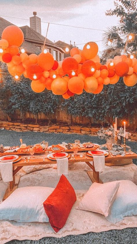 Sunset Backdrop Party, Red And Orange Party Decor, Orange Color Birthday Theme, Orange Themed Bachelorette Party, Sunset Party Theme Ideas, Mango Theme Party Decoration, Sunset Soiree Party, Orange Birthday Aesthetic, Sunset Birthday Theme Decor