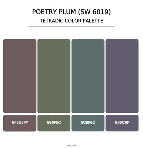 Poetry Plum (SW 6019) - Tetradic Color Palette Tetradic Color Palette, Eggplant And Sage Color Palette, Sage Plum Color Palette, Plum Purple Color Palette, Shades Of Plum Colour Palettes, Eggplant Color Palette, Purple Green Silver Color Palettes, Sage Green Palette, Plum Color Palettes