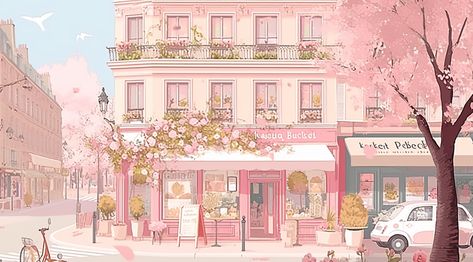 Desktop Wallpaper Cute Pink, Pink Notion Background, Pc Desktop Wallpaper Hd 1080p Aesthetic Pink, Cute Town Illustration, Cherry Blossom Computer Wallpaper, Pastel City Wallpaper, Pink Studio Ghibli Wallpaper Desktop, Pc Pink Wallpaper Aesthetic, Wallpaper For Laptop Aesthetic Pastel