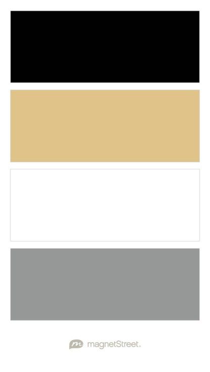 Black, Matte Gold, White, and Gray Wedding Color Palette - custom color palette created at MagnetStreet.com Black White Gold Color Scheme, White And Gold Color Pallete, Black White Gray Gold Color Palette, Black White Grey Gold Color Palette, Black Gold White Color Palette, Black White And Gold Color Palette, Gray Black White Color Palette, Black White Gold Color Palette, Black White Gray Gold Living Room Color Schemes