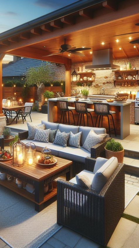 Transform your backyard into a stunning outdoor oasis with these patio design ideas! Discover inspiration for creating the perfect outdoor space, from cozy seating areas to stylish dining spaces. Explore options for incorporating greenery, lighting, furniture, and decorative elements to elevate your patio to the next level. I have shared rustic, country, industrial, and modern patio design aesthetics, to make the most of your outdoor space. Luxury Back Patio Outdoor Living, Large Patio Layout, Patio And Backyard Decor, Dream Patio Outdoor Living Spaces, Backyard Furniture Ideas Seating Areas, Tulum Patio, Large Patio Ideas, Luxury Patio Design, Greenery Lighting