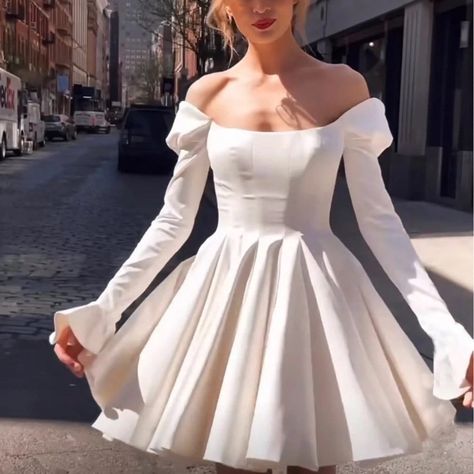 Short Wedding Dress Satin, Short Wedding Dress Winter, Civil Wedding Dresses Winter, Short Off The Shoulder Wedding Dress, Short Wedding Dress With Long Sleeves, Short Off Shoulder Wedding Dress, Short Winter Wedding Dress, Rehearsal Dinner Dress Winter, After Party Wedding Dress Short