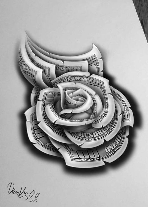 Money Flower Tattoo Designs, Rose Dollar Tattoo Design, 100 Dollar Bill Tattoo Designs Stencil, Money Rose Tattoo For Men, Dollar Rose Tattoo Design, Money Rose Drawing, Money Rose Tattoo Design, Money Flower Tattoo, Dollar Tattoo Design