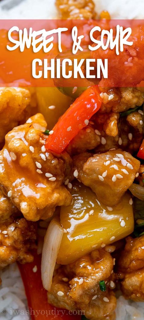 Crispy Sweet and Sour Chicken recipe with a tasty homemade sauce and crisp veggies and fresh pineapple! My family LOVED this one over steamed rice! Sweet And Sour Chicken Recipe, Sweet And Sour Recipes, Sour Chicken Recipe, Pineapple Chicken Recipes, Pastry Dishes, Asian Meals, Chicken Receipes, Mongolian Beef Recipes, Sour Foods