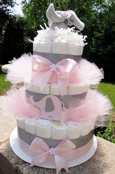 Custom Listing For Cisco Systems Only! Diaper Cake Centerpieces, Girl Diaper Cake, Diaper Cake Ideas, Cake Kit, Elephant Shower, Handmade Elephant, Nappy Cakes, Baby Shower Diaper Cake