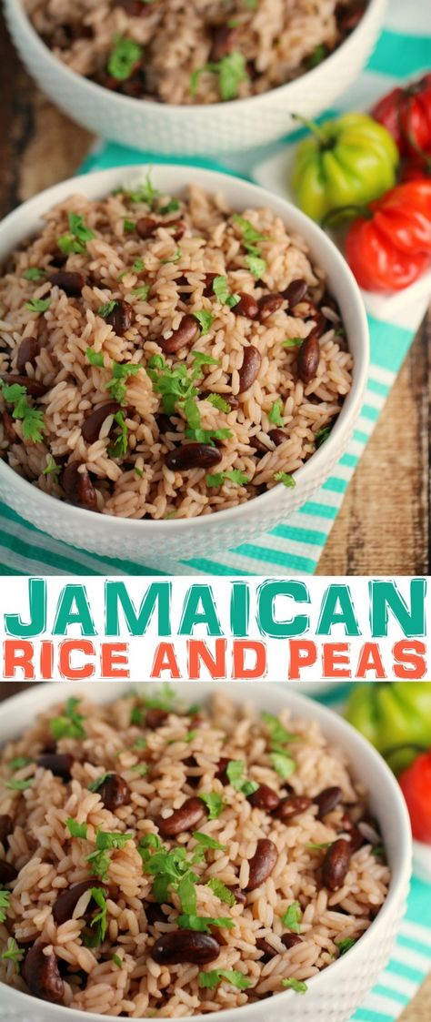 Jamaican Dinner, Jamaican Rice And Peas Recipe, Rice And Peas Recipe, Jamaican Rice And Peas, Jamaican Rice, Resep Pasta, Jamaican Cuisine, Peas Recipe, Jamaican Dishes