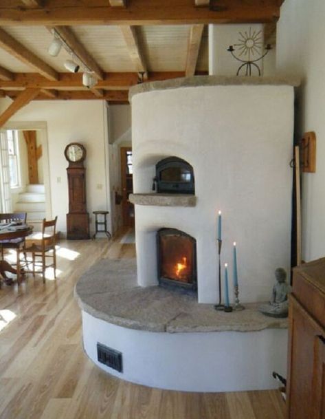 masonry-heater-with-curves-maine-wood-heat-com Earthbag Construction, Masonry Heater, Cordwood Homes, Rocket Mass Heater, Wood Heat, Smart Tiles, Natural Homes, Cob House, Rocket Stoves