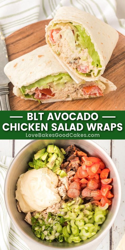 BLT Avocado Chicken Salad Wraps pin collage Tomato Chicken Salad, Chicken Salad Wrap Recipe, Avocado Chicken Salad Wrap, Blt Wraps, Avocado Blt, Chicken Blt, Wraps Recipes, Salad Wrap, Chicken Salad Wrap