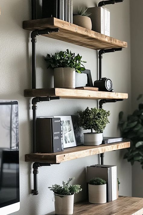 Transform your space with easy industrial pipe shelving that will elevate your home decor. Discover step-by-step instructions to create unique and functional shelves using plumbing pipes and wooden boards. These stylish pipe shelves are perfect for accentuating any room in your home, providing both beauty and functionality. Explore different designs, colors, and sizes to customize these shelves to your taste. Perfect for books, plants, or decorative items, DIY pipe shelving is a must-try for any home improvement enthusiast! Pipe Shelves Kitchen, Home Office Shelving Ideas, Wood And Pipe Shelves, Industrial Vintage Decor, Industrial Kitchen Shelves, Diy Pipe Shelves, Industrial Wall Shelves, Pipe Shelving, Industrial Pipe Furniture