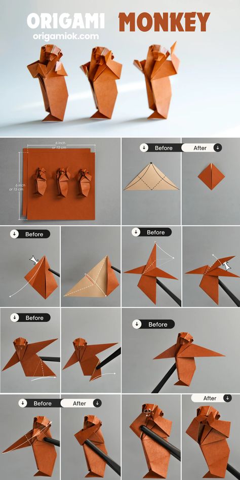 These are three interesting origami monkeys, that capture the playful and energetic spirit of monkeys, each one uniquely posed as if they are dancing happily, and look very funny, sure to bring you a burst of laughter! Origami Advanced, Advanced Origami, Origami Monkey, Origami Animal, Creative Origami, Origami Ideas, Origami Animals, How To Fold, Origami Crafts