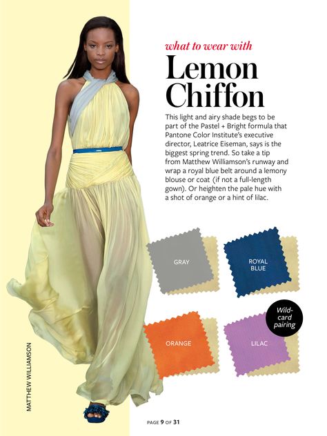 Instyle Color Crash Course - Lemon Chiffon Color Crash Course, Instyle Color Crash Course, Colour Combinations Fashion, Lemon Chiffon, Color Combinations For Clothes, Cosmopolitan Magazine, Instyle Magazine, Woo Bin, Bae Suzy