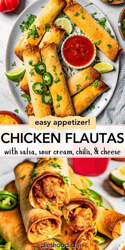 Crispy chicken flautas are a family favorite Mexican appetizer made with creamy seasoned chicken rolled and baked inside a crispy tortilla. #chicken #flautas #appetizer Chicken Tortilla Recipe, Mexican Appetizers Easy, Diethood Recipes, Flautas Recipe, Tortilla Chicken, Mexican Appetizer, Easy Dinners For Kids, Mexican Food Recipes Appetizers, Taco Boats