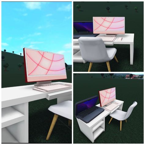 Imac Bloxburg Code, Bloxburg Office Ideas, Bloxburg Decor, Modern Suburban House, Home Roblox, Bloxburg Decals Codes Aesthetic, Blocksburg Room Ideas￼, Bloxburg Houses, Bloxburg Builds