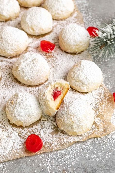 Cherry Almond Snowball Cookies, Italian Cherry Cookies, Cherry Snowballs, Cherry Cookies Recipes, Italian Cookie Recipe, Italian Wedding Cookies, Easy Holiday Cookies, Snowball Cookie Recipe, Mexican Wedding Cookies