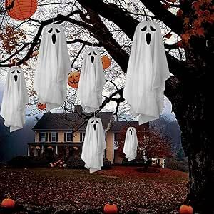 Scary Ghost Decorations, Ghost Halloween Decorations, Ghost Props, Halloween Hanging Ghost, Halloween Tree Decorations, Halloween Patio, Front Yard Patio, Halloween Decorations Outdoor, Frosted Christmas Tree