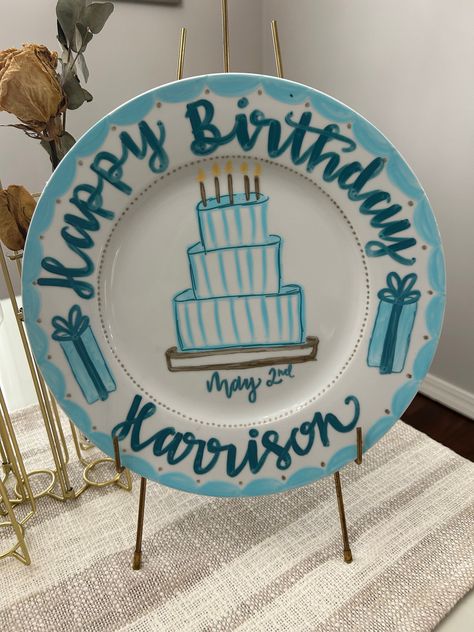 Custom cake plates:  Perfect for all celebrations- birthdays, anniversaries, holidays, etc.  Let me help your decorative dreams come true! These plates are custom made to your liking. A preview of your plate will be sent before it is sealed. Let's custom make the perfect keepsake to reuse year after year! Make the most of all of life's celebrations!  When ordering, place in the description any information wanted on the plate as well as the style/set up. Send me a message with any further request Happy Birthday Plates, Happy Birthday Plate Design, Baby Birthday Plate, Birthday Plate Ideas For Boys, Painted Birthday Plate, Birthday Plate Ideas, Birthday Cake Plate, Birthday Plates, Birthday Room Decorations