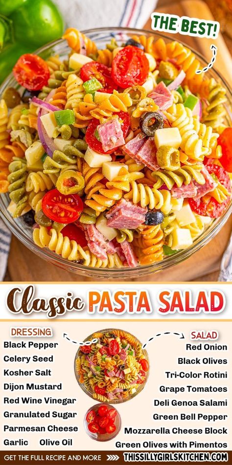 classic pasta salad with cheese, meat, tomatoes, olives, onions, and pasta Homemade Pasta Salad, Classic Pasta Salad, Italian Pasta Salad, Cold Pasta Salad Recipes, Pasta Salad Dressing, Best Pasta Salad, Baked Asparagus, Cold Pasta Salad, Pasta Salad Recipe