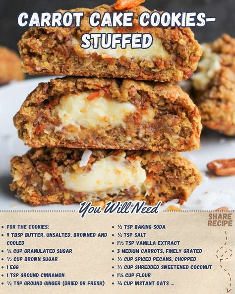 Carrot Coconut Cookies, Carrot Cake Crumble Cookies, Cake Stuffed Cookies, Cream Cheese Stuffed Carrot Cake Cookies, Yumtastic Recipes, Carrot Cake Stuffed Cookies, Carrot Cake Breakfast Cookies, Recipe For Carrot Cake, Carrot Cake Cookies Recipe