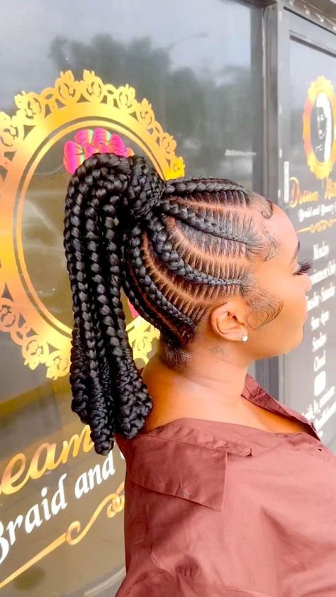 Boho Cornrow Ponytail, Low Cornrow Ponytail For Black Women, Feed In Ponytail Hairstyles, Stitch Braid Updo, Conrow Ponytails Braids, Medium Feed In Braids Ponytail, Cornrow Braids Updo, Conrow Ponytails, Braided Cornrow Hairstyles Updo