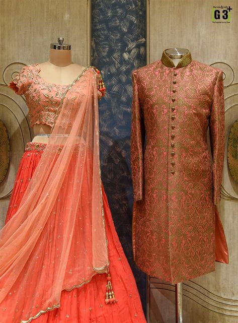 latest designer wedding lehenga choli - sherwani, designer couple wedding outfits, designer wedding maroon lehenga choli, designer men's sherwani, designer lehenga for bride, designer sherwani for groom, designer bride-groom outfits, shop online bride - groom outfits, bride orange lehenga for sangeet, couple wedding dress for indian marriage, shop online bride lehenga choli, shop online men's sherwani, peach colour lehenga for wedding ceremony, couple outfits for wedding ceremonies Peach Colour Dress Indian, Peach Choli For Reception And Festivals, Festive Peach Choli For Reception, Festive Designer Peach Lehenga, Pink Lehenga Couple Combination, Indian Groom Wear, Couple Wedding Dress, Lehnga Dress, Couple Dress