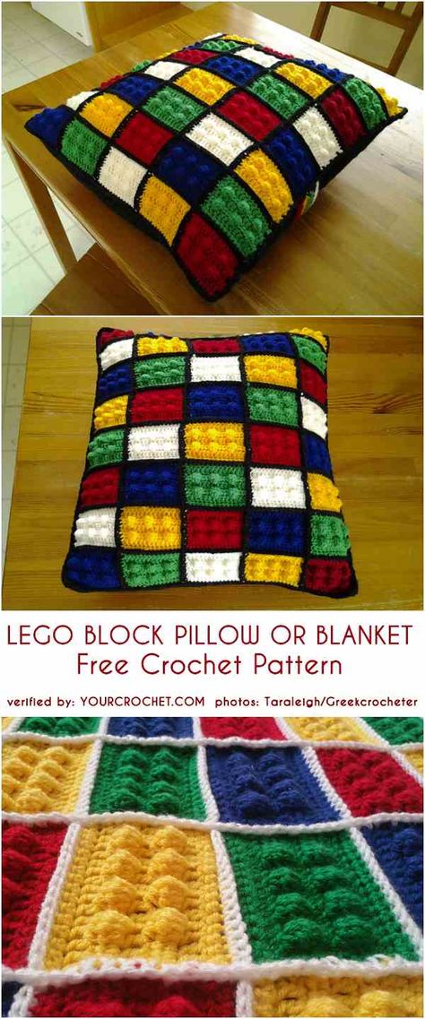 Lego Block Pillow or Blanket Free Crochet Pattern Lego Crochet, Lego Pillow, Crochet Lego, Motifs Afghans, Confection Au Crochet, Lego Blocks, Crochet Pillows, Pattern Knitting, Crochet Cushions