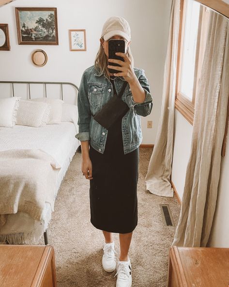 4 Ways to Style Your Favorite Black Midi Dress - Midi Dress With Cardigan, Dress Cardigan Outfit, Midi Dress Outfit Summer, Black Midi Dress Outfit, Karin Emily, Emily Style, Shirt Dress Fall, Black Tshirt Dress, Tshirt Dress Outfit