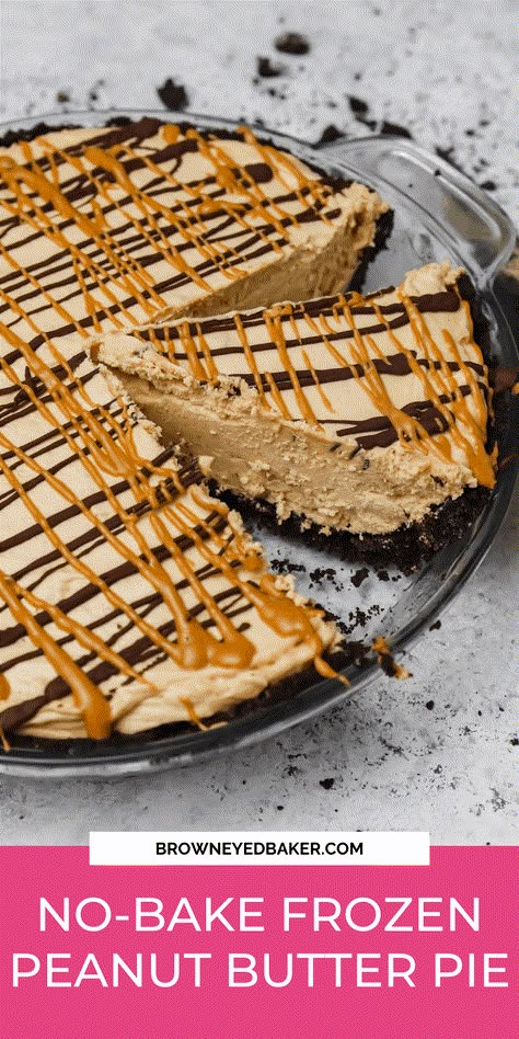 If you are a peanut butter lover, then this peanut butter pie recipe is going to completely knock your socks off. A no-bake Oreo crust is topped with a super creamy, silky smooth peanut butter filling made from scratch (no Cool Whip!). Serve it chilled and drizzled with peanut butter and chocolate; it will be a family favorite for years to come! Frozen Peanut Butter Pie, Frozen Peanut Butter, Peanut Butter Pie Recipe, Butter Pie Recipe, Brown Eyed Baker, Smooth Peanut Butter, Peanut Butter Mousse, Chocolate Peanut Butter Pie, Pies Recipes