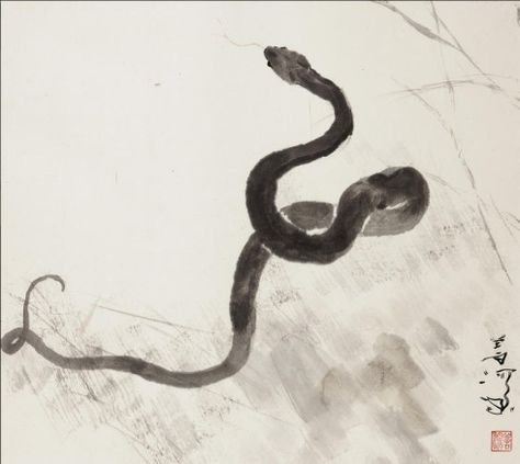 Snake (Yang Shanshen, Ink on paper) Snake Paintings, Long Drawing, Watercolour Tattoos, Here At Last, Snake Painting, Water Snake, Snake Illustration, Serpent Tattoo, Snake Drawing