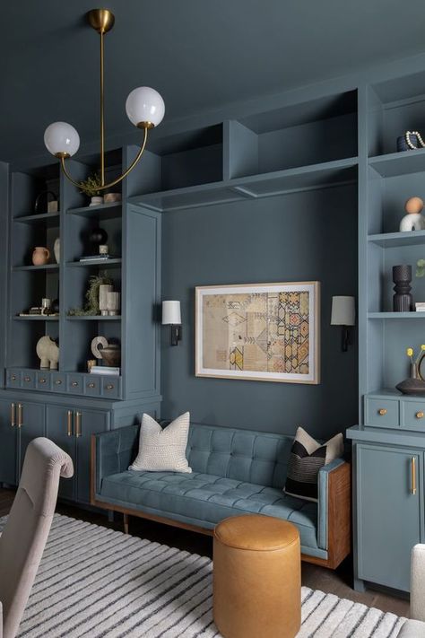 Home Library Rooms, Built In Shelves Living Room, Cozy Basement, Home Library Design, Basement Remodel, Basement Renovations, Home Library, Basement Ideas, Blue Walls