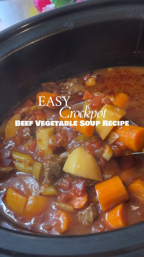 Easy Crockpot Beef Vegetable Soup Recipe - Red Soles and Red Wine Crockpot Beef Vegetable Soup Slow Cooker, Beef Soup In Crockpot, Homemade Vegetable Beef Soup Crockpot, Beef Vegetable Soup Recipe Crockpot, Beef Vegetable Soup Crock Pot, Crockpot Beef Vegetable Soup, Crockpot Stew Recipes, Tomato Based Beef Stew, Crock Pot Vegetable Beef Soup