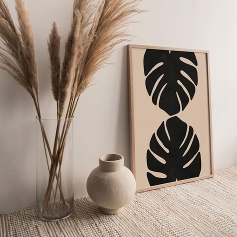 Monstera Leaf Printable Wall Art Boho Decor Abstract Print | Etsy Monstera Printable, Leaf Printable, Paint Tutorials, Creative Wall Decor, Book Page Crafts, Wall Art Trendy, Minimal Wall, Neutral Art, Minimal Wall Art