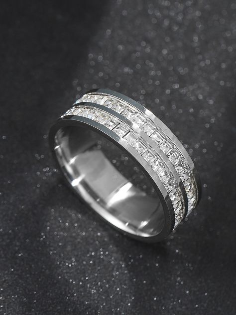 Silver Glamorous   Stainless Steel  Single Ring Embellished   Jewelry Silver Men Rings Wedding Bands, Silver Man Wedding Band, Fancy Wedding Rings For Men, Groom Wedding Ring Silver, Silver Men Wedding Ring, Wedding Band For Men Diamond, Grooms Ring Silver, Silver Man Wedding Ring, Silver Mens Rings Wedding