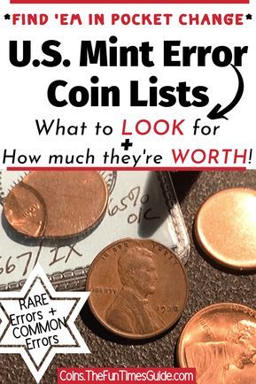 3 U.S. Mint Error Coin Lists: Rare Mint Error Coins + Common Mint Error Coins You Can Find In Pocket Change + Mint Mistakes By Denomination Coin Collection Value, Rare Coin Values, Collecting Coins, Old Pennies Worth Money, Saving Coins, Old Coins Value, Rare Pennies, Valuable Pennies, Money Collection