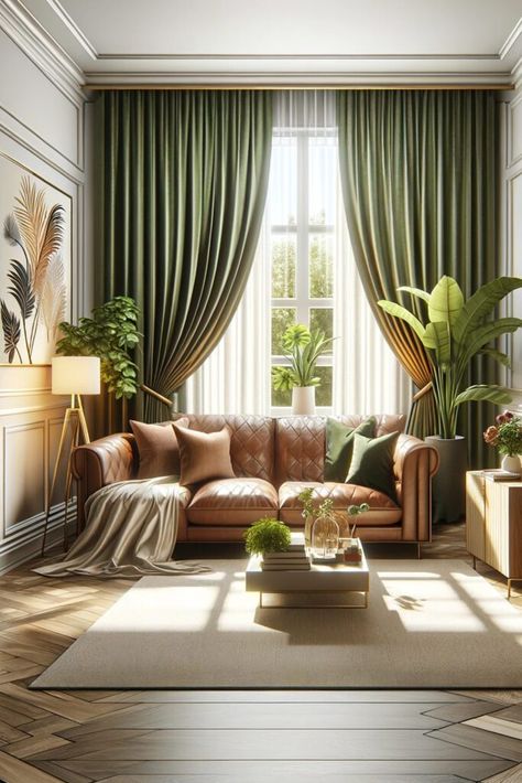 Olive Green Curtains Living Room, Green Curtains Living Room Ideas, Living Room With Green Curtains, Room With Green Curtains, Brown And Green Living Room, Green Curtains Living Room, Curtains Living Room Ideas, Olive Green Curtains, Teal Curtains