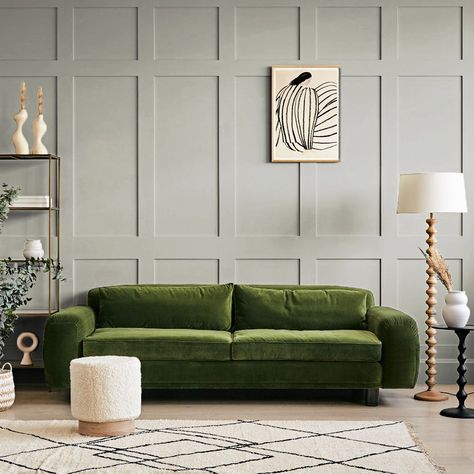 Sofa Colour Combinations, Green Sofa Living, Scandi Furniture, Dream Sofas, Green Velvet Sofa, Perfect Paint Color, Green Sofa, Sofa Colors, Stylish Living Room