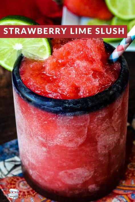 Strawberry Lime Slush is a sweet strawberry adult slushy Slush Drinks Alcohol Frozen, Frozen Slush Recipes, Christmas Slush Recipes, Limeade Slush Recipe, Slushie Cocktails, Alcoholic Slush Recipes, Alcoholic Slush, Cookout Drinks, Brandy Slush