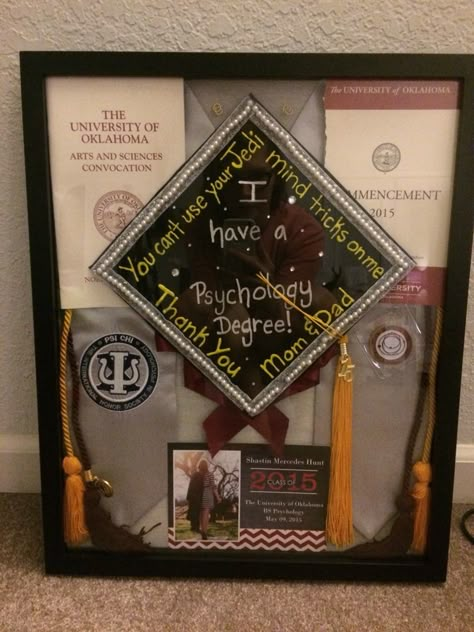 College Graduation Shadow box! Cap And Gown Keepsake Ideas, College Graduation Shadow Box Ideas, Graduation Shadow Box Ideas, Graduation Shadow, Shadow Box Graduation, College Graduation Cap Ideas, Graduation Memories, College Grad Party, Teaching Degree