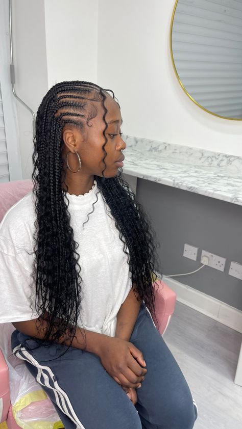 Cornrows In Front Boho Braids In Back, Simple Fulani Braids With Curls, Feed In Boho Braids, Boho Braids With Cornrows, Straight Back Boho Braids, Cornrow Boho Braids, Fulani Braids Hairstyles Designs With Curls, Conrows Lines And Braids With Curls, Cornrow Braids With Curls