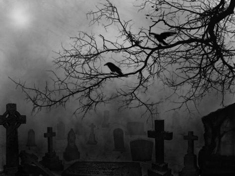 Raven graveyard Graveyard Tattoo, Foggy Night, Grave Yard, Cemetery Headstones, Human Interest, Darkness Falls, Spooky Places, Crow Art, Clear Ornaments