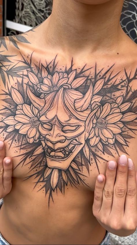 Hanya Mask Chest Tattoo, Hanya Mask Tattoo, Ab Tattoo, Hannya Mask Tattoo, Sketch Style Tattoos, Card Tattoo Designs, Samurai Tattoo Design, Chest Piece Tattoos, Mask Tattoo