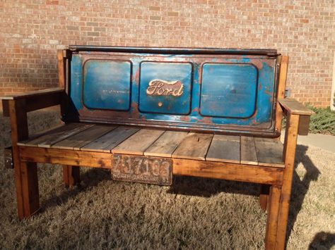 Vintage Blue Red Rust Ford Tailgate Bench, 1951, license plate, soda drink bottle opener, pallet wood, reclaimed, repurposed Chevy Tailgate Bench, Truck Tailgate Bench, Tailgate Bench, Car Part Furniture, Automotive Furniture, Tail Gate, Truck Tailgate, Car Furniture, Funky Decor