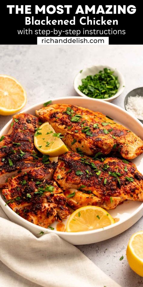 This blackened chicken is tender, with a perfect balance of smoky charred flavor and juicy tenderness with an added kick of spices. Easy Blackened Chicken, Heavy Meals, Blackened Chicken, Dinner On A Budget, Meals Recipes, Side Dishes Recipes, Protein Meals, Cooking Classy, Favorite Side Dish