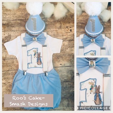 Birthday Outfit Blue, Peter Rabbit Cake, Baby Family Pictures, Cake Smash Props, Rabbit Cake, 1st Birthday Cake Smash, 1st Birthday Outfit, Blue Peter, Baby Boy Clothing Sets