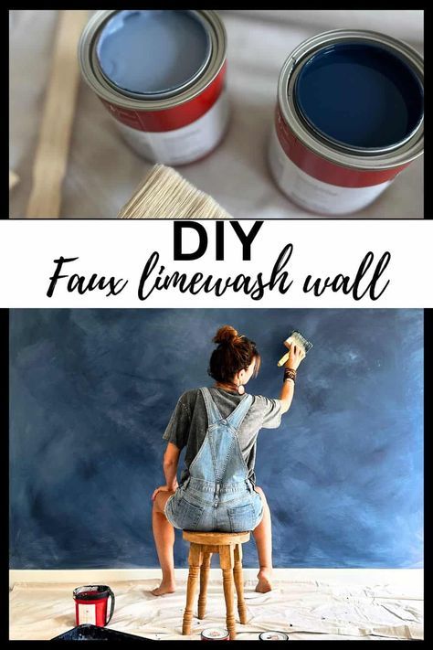 Dark Blue Limewash, Faux Limewash Walls Diy, Blue Limewash Walls, Paint Techniques For Walls, Blue Lime Wash, Faux Painting Techniques For Walls, Faux Limewash Walls, Limewash Diy, Color Washing Walls