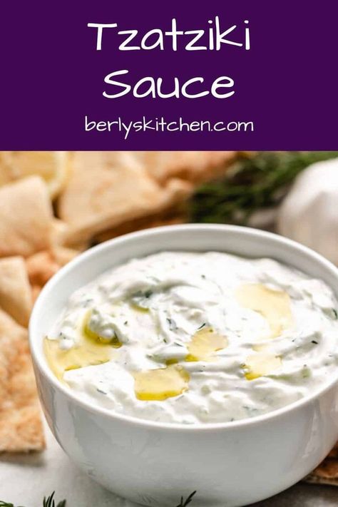 Tzatziki sauce with sour cream using simple ingredients and a combination of Greek yogurt, sour cream, and fresh lemon juice. It's great as a condiment or a dip with fresh veggies. Get the full recipe at berlyskitchen.com. Sauce With Sour Cream, Greek Sauce, Tzatziki Sauce Recipe, Greek Gyros, Roasted Garlic Hummus, Homemade Tzatziki Sauce, Tzatziki Recipes, Cucumber Yogurt, Homemade Tzatziki